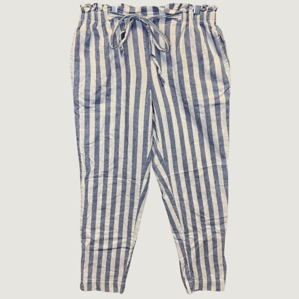 2310 | Old Navy Linen Blend Striped Paperbag Pants Blue White Womens S Beach